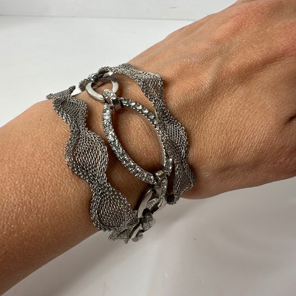 Layered Silver Tone Mesh Bracelet Multi Strand Rhinestone Oval Statement Event